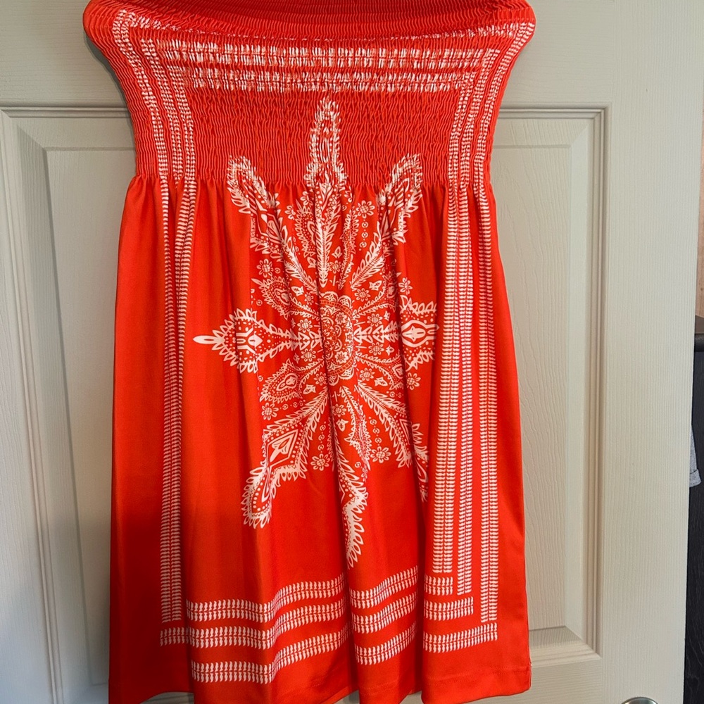 Women's Red Strapless Smocked Skirt with White Paisley Print